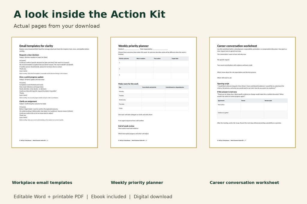 Actual pages included: workplace email templates, weekly priority planner and career conversation worksheet.
