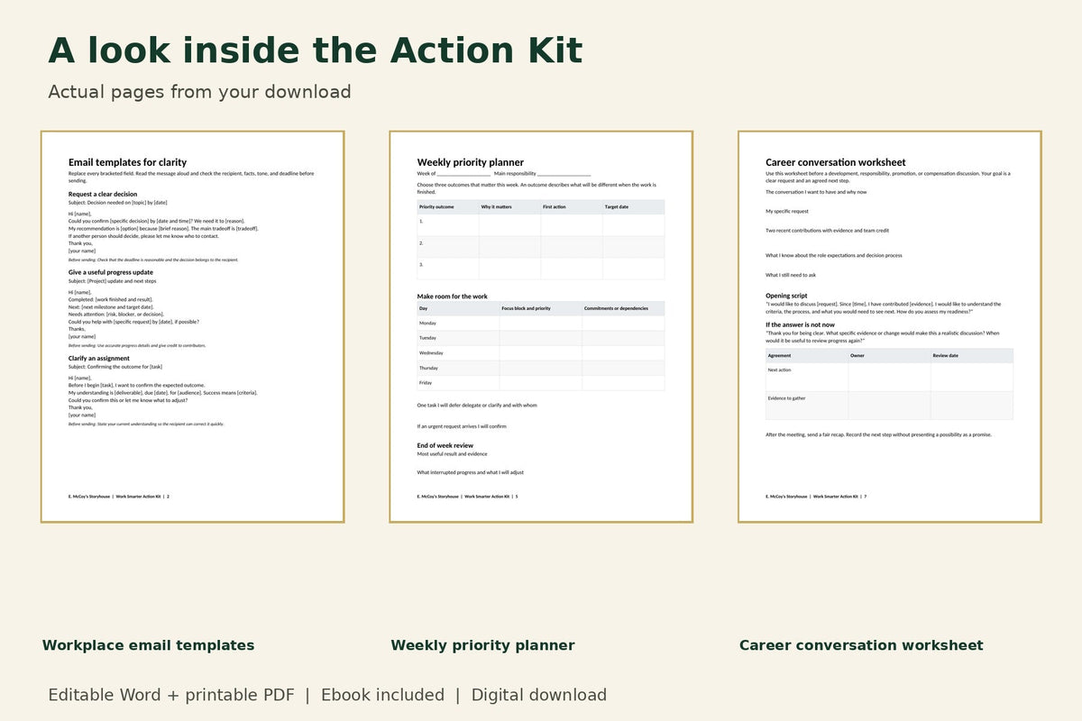 Actual pages included: workplace email templates, weekly priority planner and career conversation worksheet.