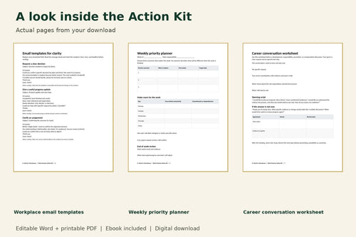 Actual pages included: workplace email templates, weekly priority planner and career conversation worksheet.