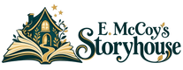 E. McCoy’s Storyhouse — a golden-lit storybook house rising from open pages.
